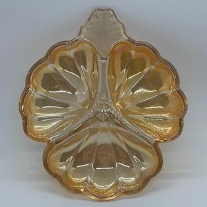Jeannette Marigold Carnival Glass divided clover leaf candy dish. Vintage.